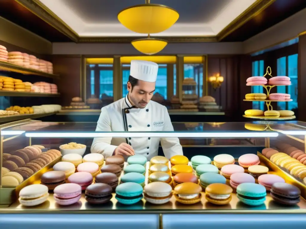 Un bullicioso obrador de repostería francés del siglo XIX, con chefs creando postres innovadores entre macarons y éclairs