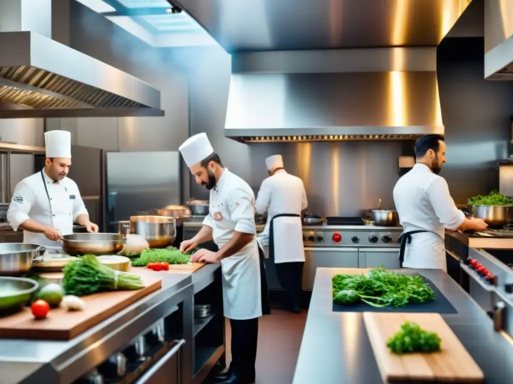 Un bullicioso y profesional ambiente de cocina francesa con chefs trabajando en platos diversos