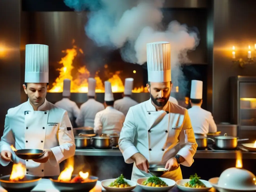 Un bullicioso restaurante estrella Michelin en Francia durante el servicio de cena