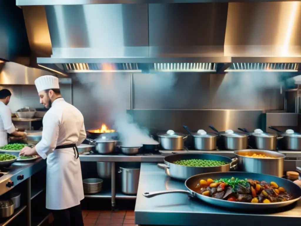 Un bullicioso restaurante francés durante la cena, chefs preparando platos clásicos como Coq au Vin y Ratatouille