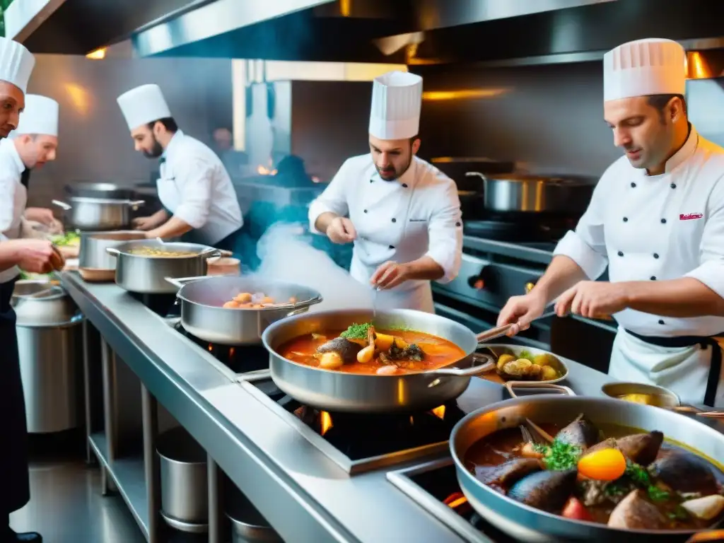 Un bullicioso restaurante francés: chefs preparando platos tradicionales con destreza