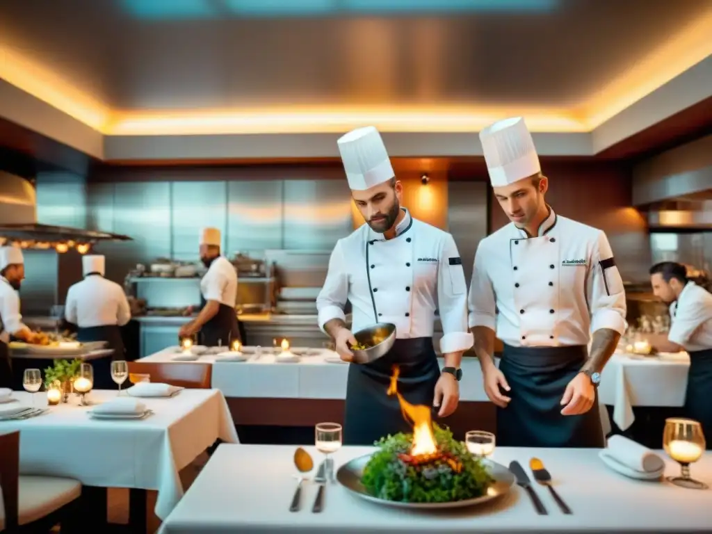 Un bullicioso restaurante francés con chefs preparando platillos Estrella Michelin, camareros sirviendo mesas y ambiente culinario encantador