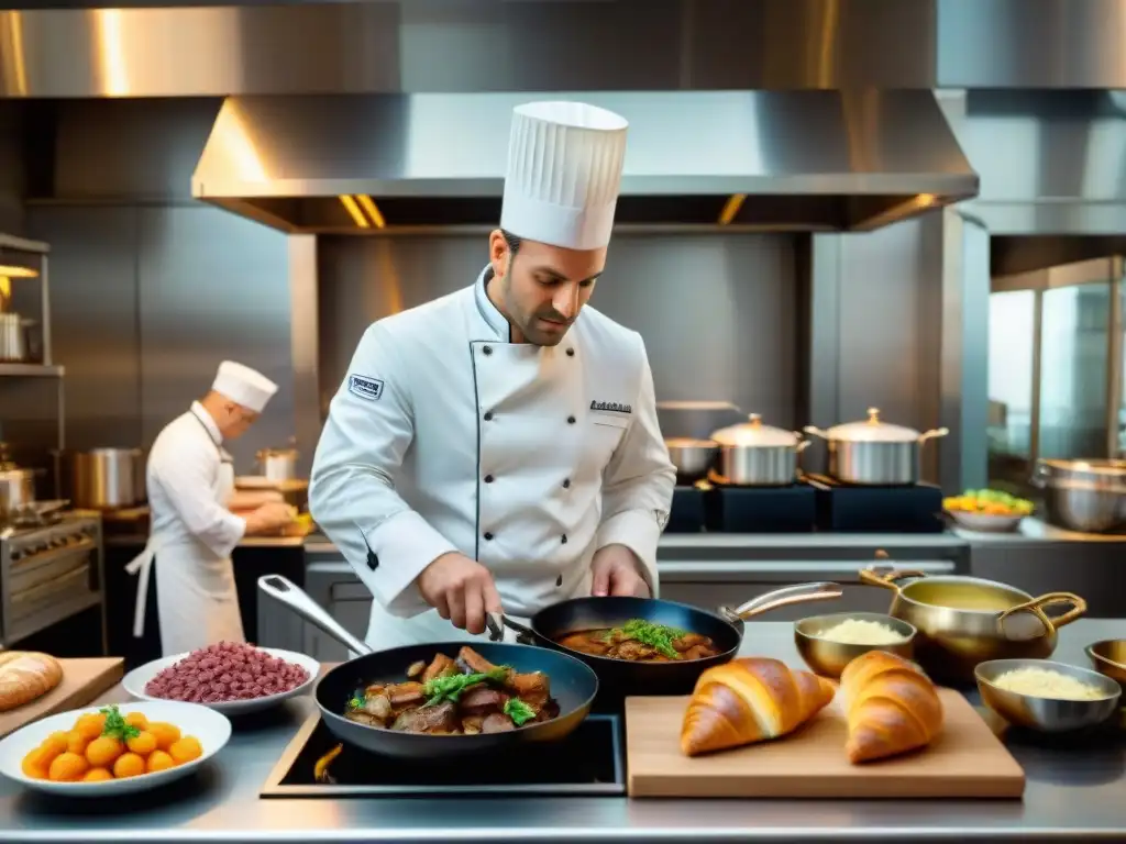 Un bullicioso restaurante francés donde chefs preparan clásicos como Coq au Vin y Croissants