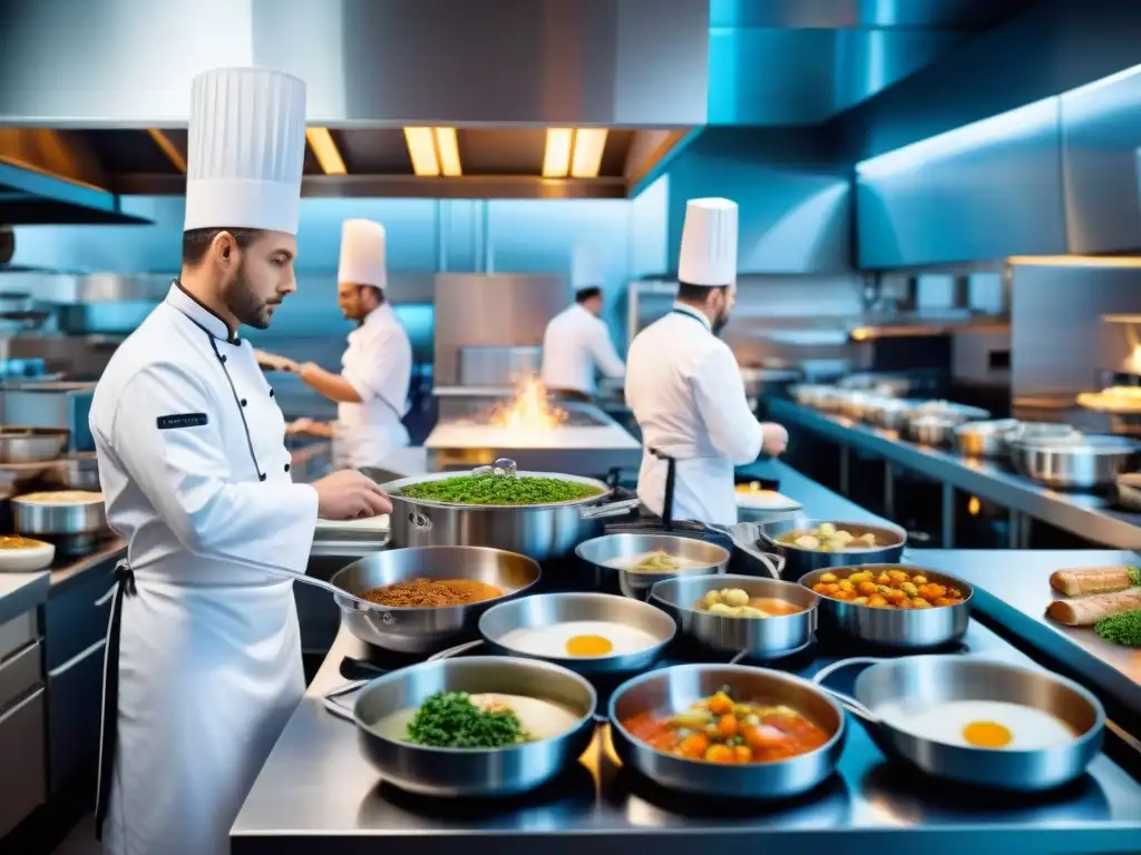 Un bullicioso restaurante francés innovador, chefs tradicionales con tecnología vanguardista y cocina de vanguardia