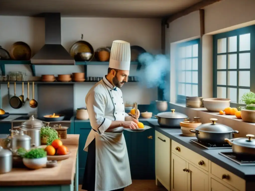 Un bullicioso retrato de una cocina francesa del siglo XIX, con chefs preparando platos elaborados entre utensilios vintage