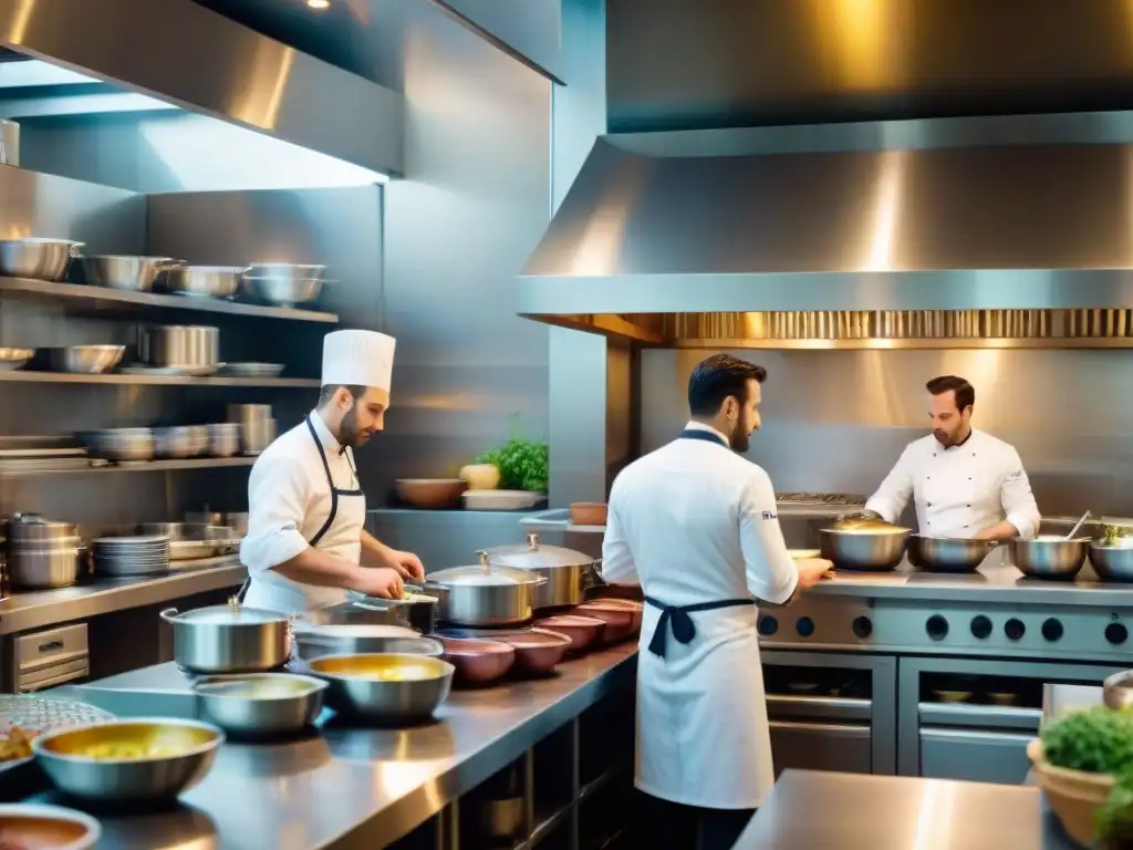 Un bullicioso servicio de cena en una cocina de brasserie francesa, fusionando tradición y modernidad