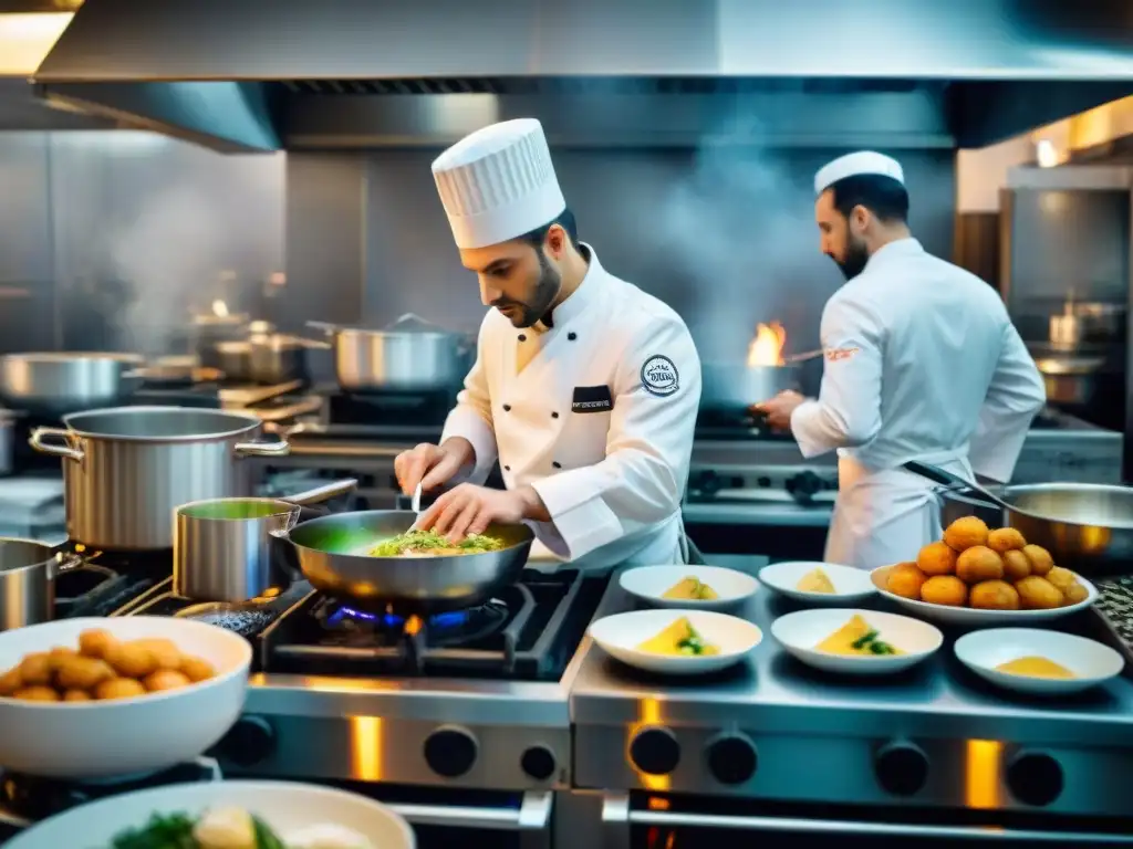 Un bullicioso servicio de cena en un restaurante francés tradicional de alta cocina