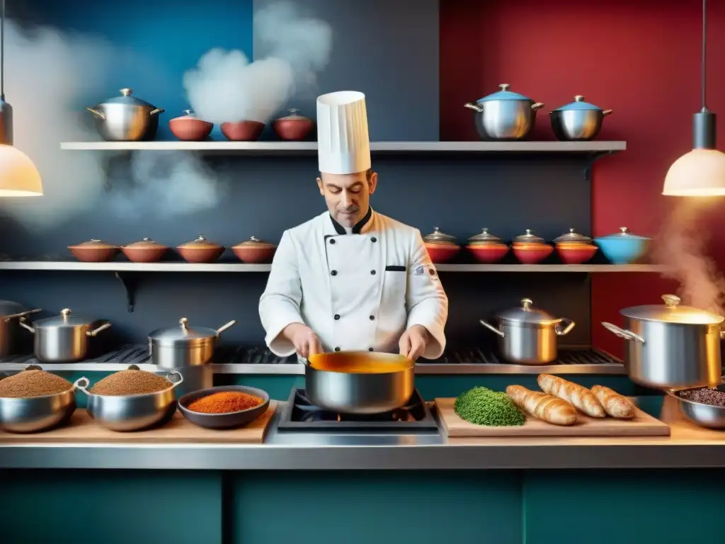 Un bullicioso set de película francés con chefs preparando platos icónicos, creando una atmósfera de inspiración gastronomía francesa cine