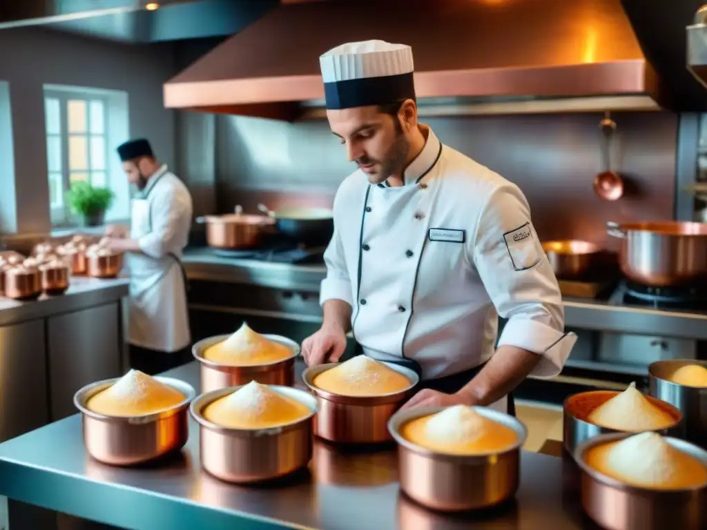 Un bullicioso taller de cocina francesa con un chef preparando un soufflé y estudiantes aprendiendo técnicas culinarias