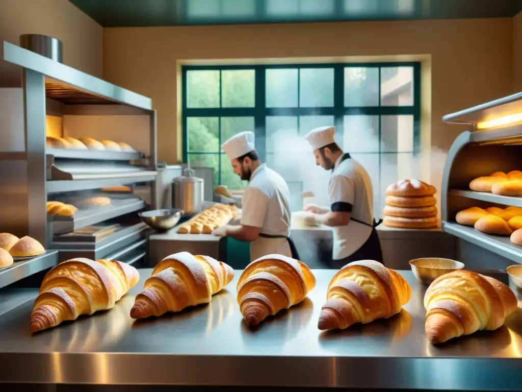 Arte en la panadería: Elaboración de croissants dorados con destreza Un bullicioso taller de panadería francesa tradicional, donde hábiles panaderos crean croissants dorados