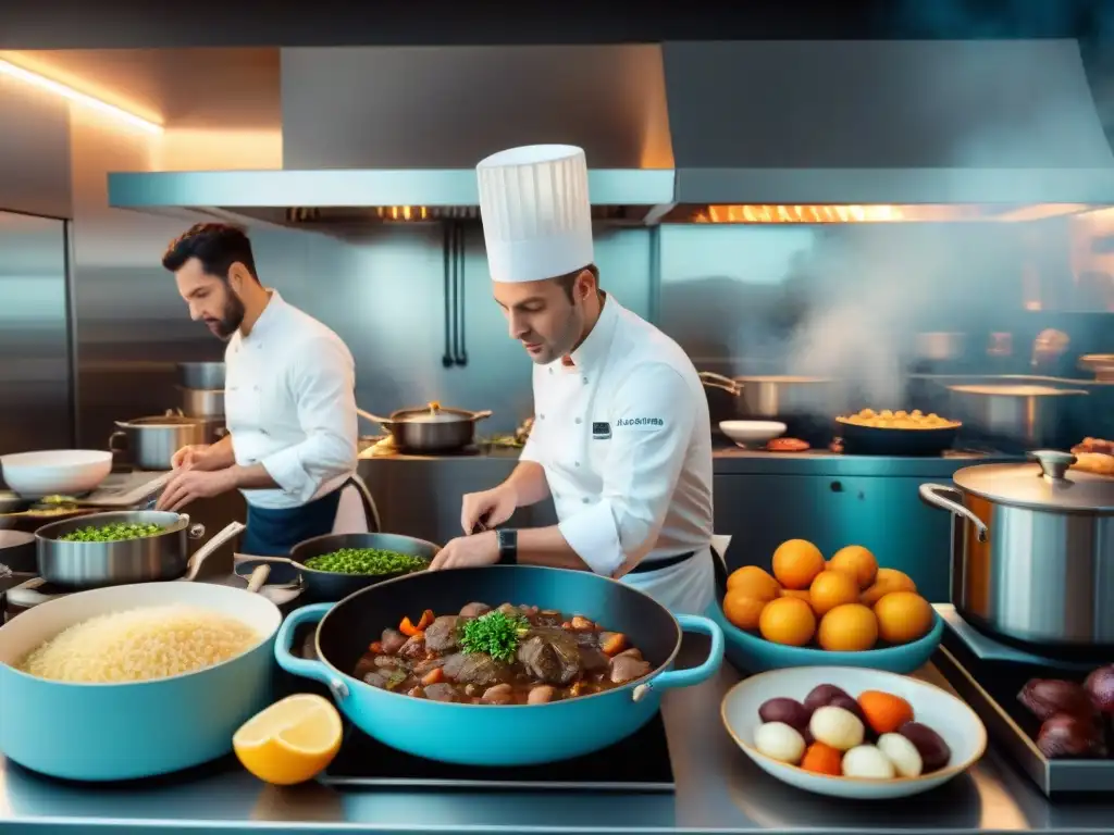 Un bullicioso y tradicional restaurante francés con chefs preparando platos clásicos