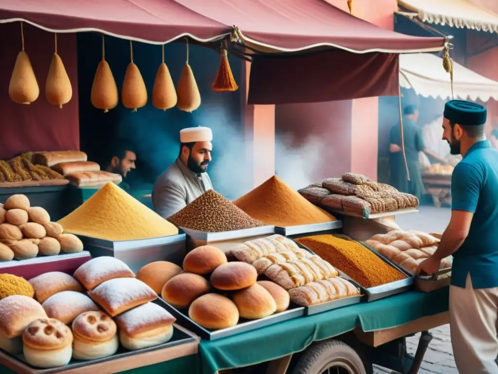 Un bullicioso zoco en Marrakech con influencia árabe en panadería francesa