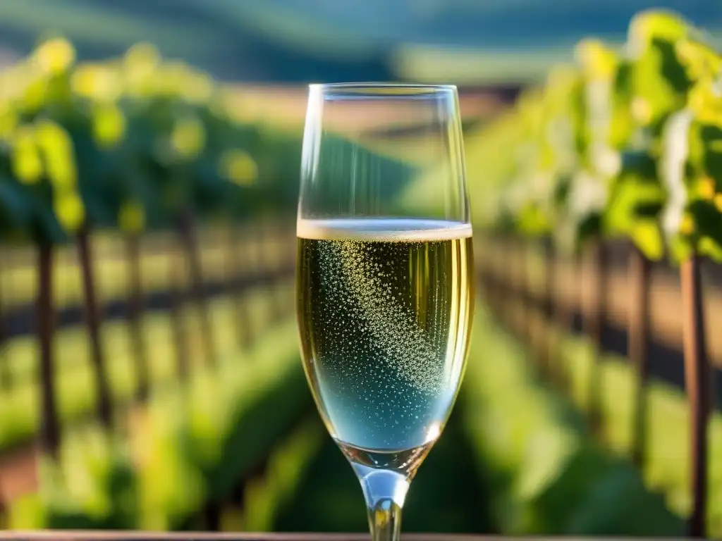 Burbujeante Crémant d'Alsacia champagne espumoso en copa de cristal, con viñedo alsaciano al fondo