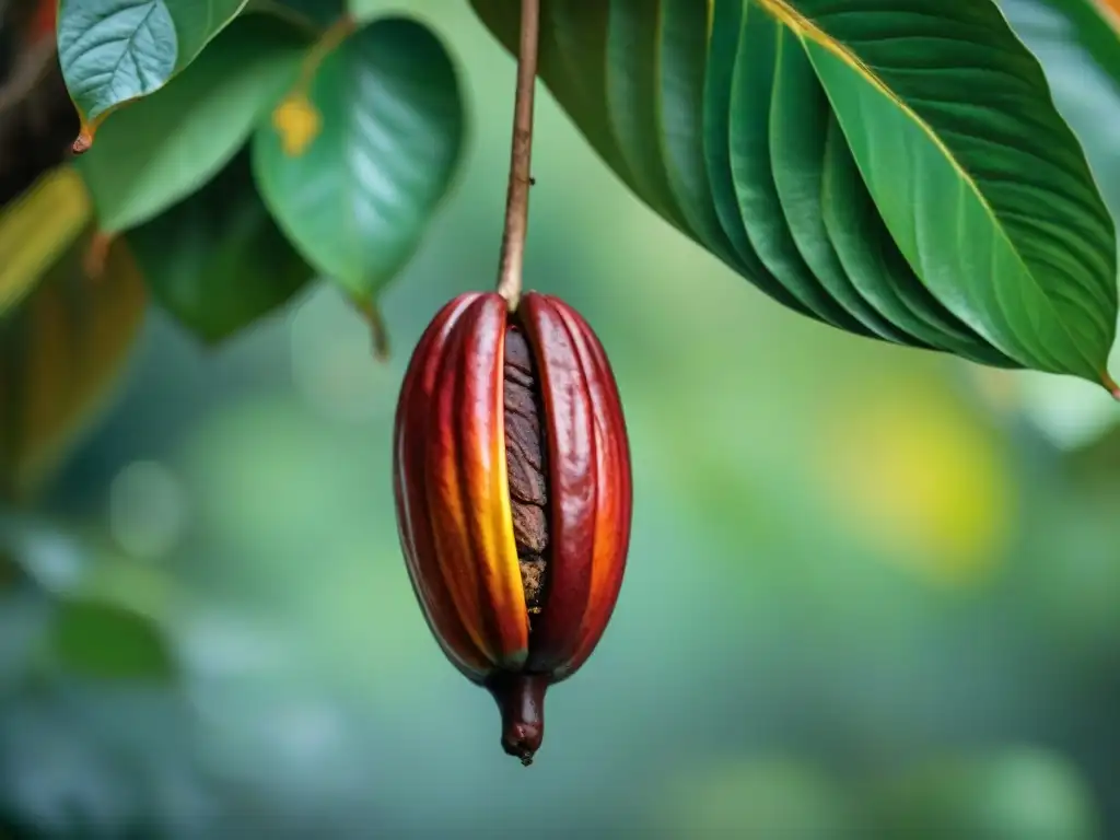 Un cacao maduro colgando de una rama, resaltando sus colores vibrantes y textura