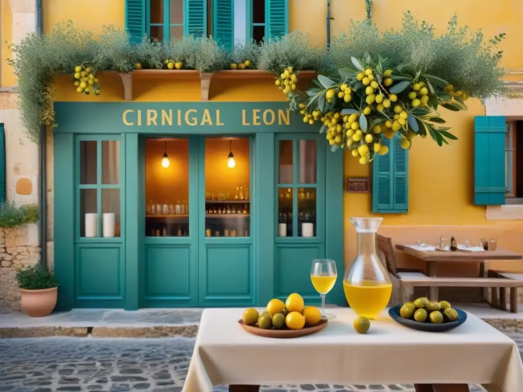 Un café al aire libre en las encantadoras calles de la Provenza, con una mesa de Pastis, aceitunas y limones al sol