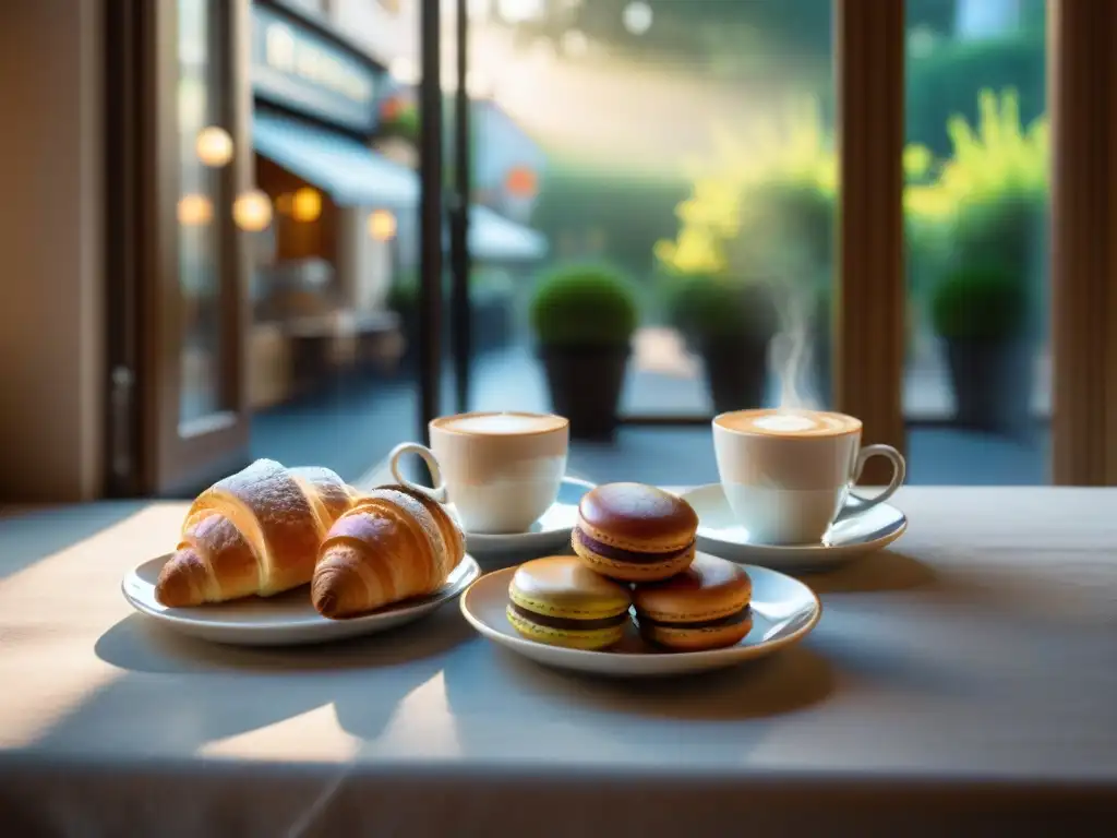 Un café francés sereno al amanecer con una mesa elegante de pastelería francesa