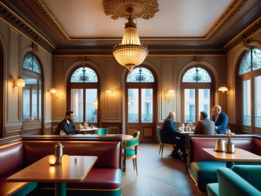 Café histórico en París: detalle elegante de interiores con mobiliario vintage, iluminación suave y atmósfera auténtica de charlas y café