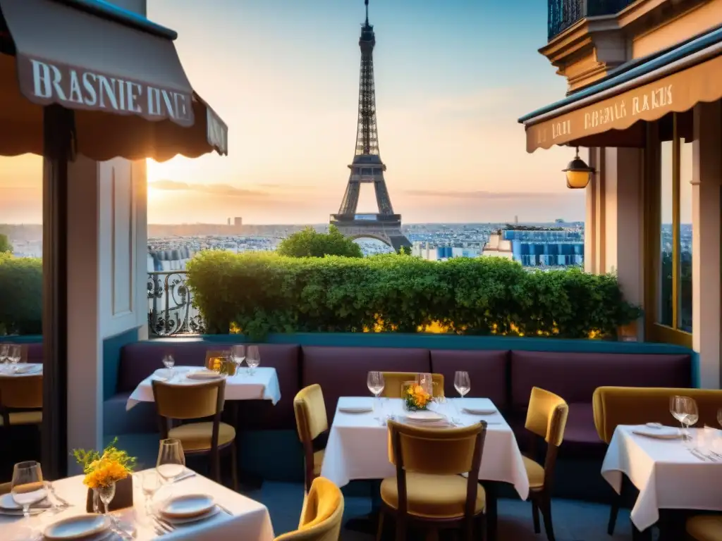 Un café tradicional francés al atardecer con mesas y sillas clásicas, camarero sirviendo escargots y la Torre Eiffel de fondo