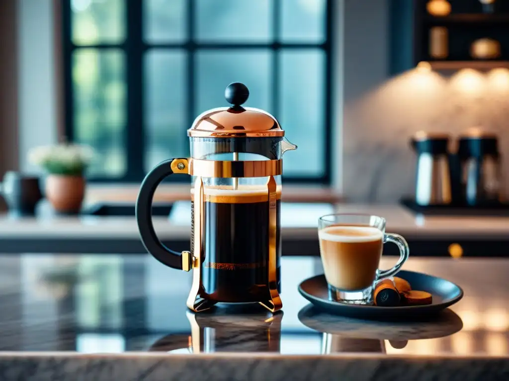 Una cafetera estilo francés café gourmet, acero inoxidable en encimera de mármol con luz matutina