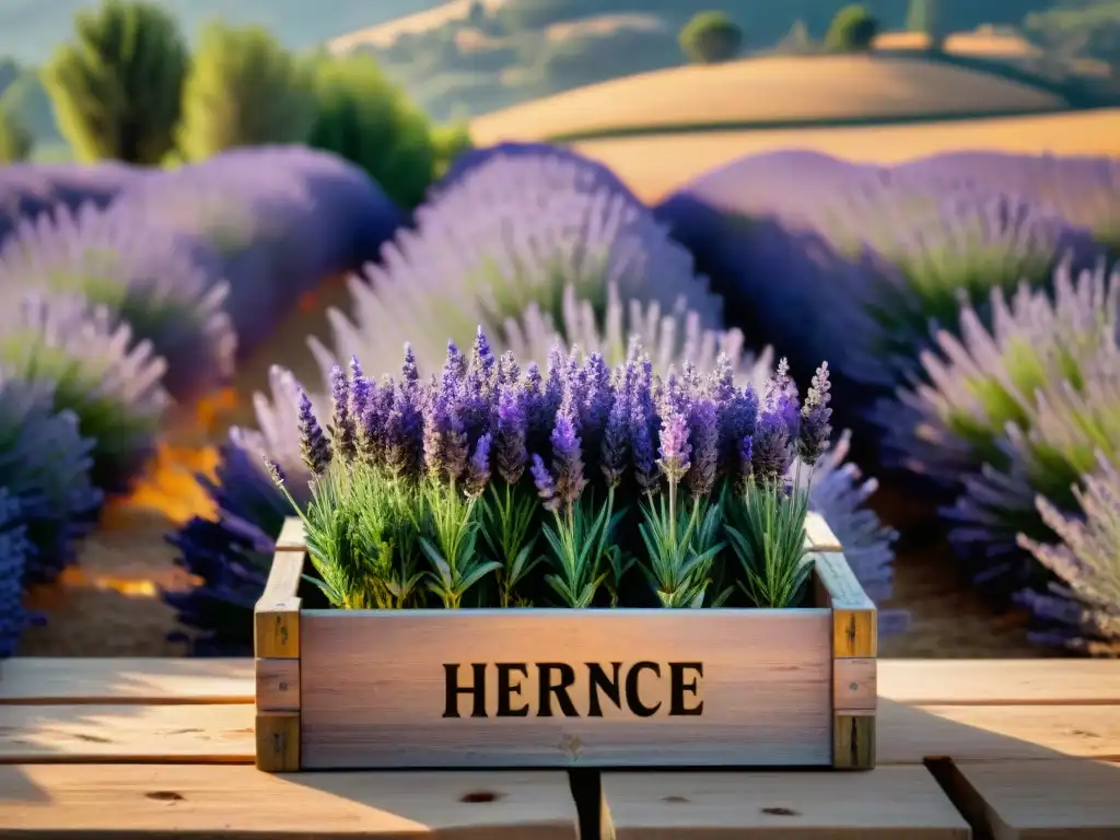 Una caja de madera desgastada rebosante de Hierbas de Provenza auténticas Francia, rodeada de campos de lavanda bajo el sol dorado provenzal