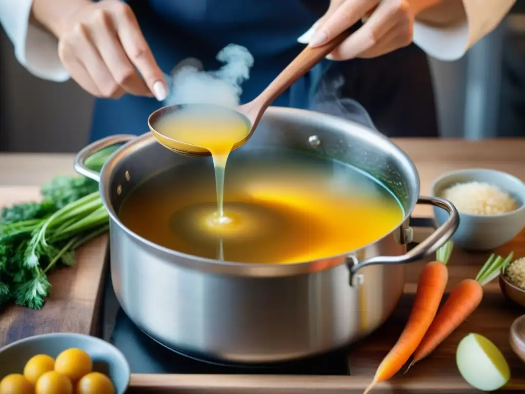 Un caldero de caldo francés casero auténtico, burbujeante y dorado, con chef removiendo cuidadosamente en una cocina iluminada