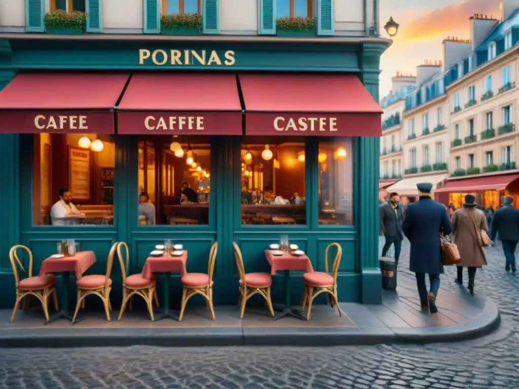 La cálida atmósfera de un acogedor café parisino en una bulliciosa calle empedrada, con música de acordeón en el aire, clientes disfrutando tranquilamente de su café y la cálida luz del atardecer iluminando la escena, capturando la esencia de la importante influencia que