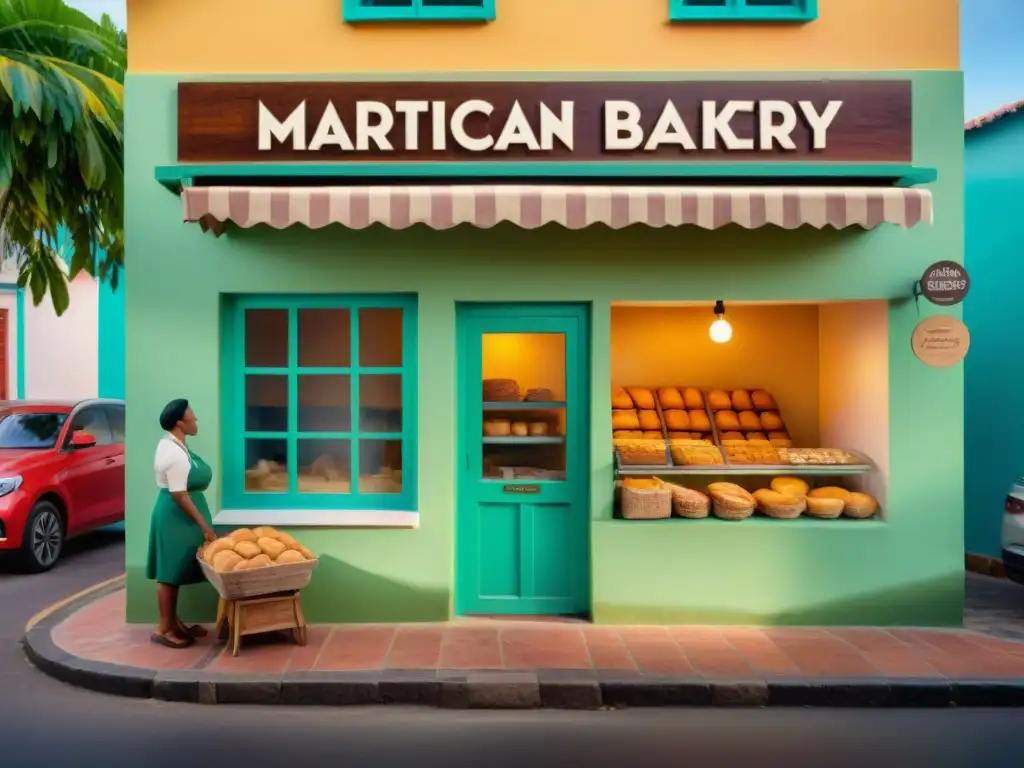 La cálida atmósfera de una panadería tradicional en Martinica al amanecer, con clientes ansiosos por deliciosos panes y pasteles frescos