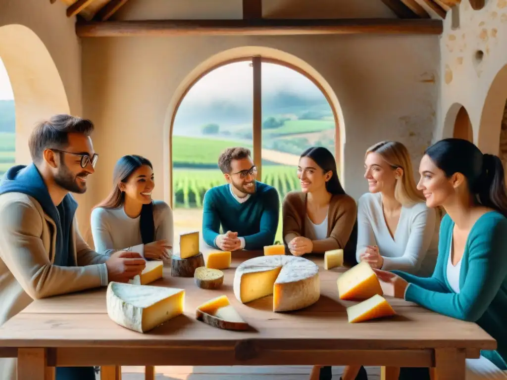 En una cálida sala de campo francés, estudiantes atentos aprenden de un apasionado experto en quesos, rodeados de una selección de quesos artesanales