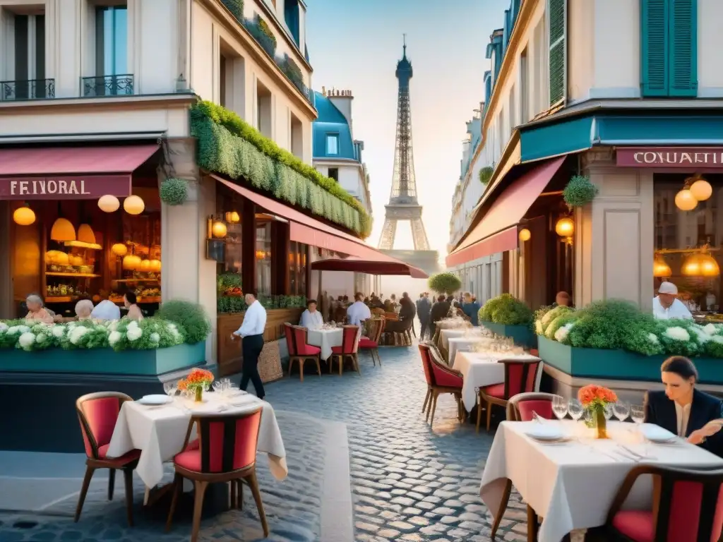 Una calle empedrada animada en París con encantadores cafés al aire libre y comensales disfrutando de la cocina francesa en elegantes mesas al fresco