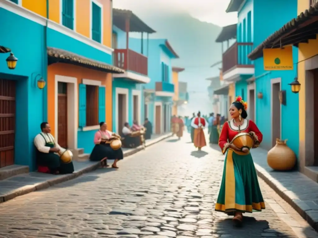 Una calle vibrante de Guadalupe llena de vida y color, con platos típicos Guadalupe festivos y celebraciones tradicionales