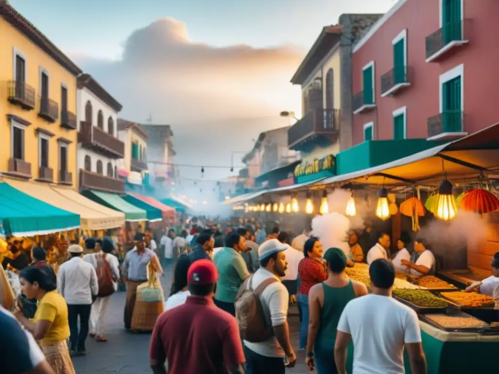 Gastronomía callejera en Guadalupe: Colorida feria gastronómica con puestos de comida y vendedores animados