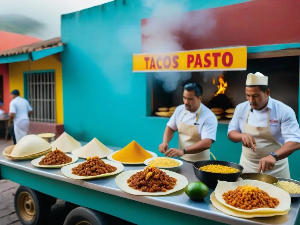 Gastronomía callejera en Guadalupe: Colorido mercado con puestos de comida tradicional y chefs preparando delicias populares