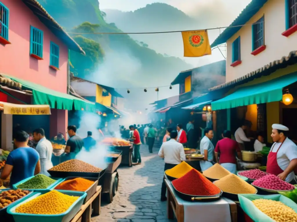 Gastronomía callejera en Guadalupe: puestos coloridos, sabores tradicionales y ambiente animado en un mercado callejero vibrante