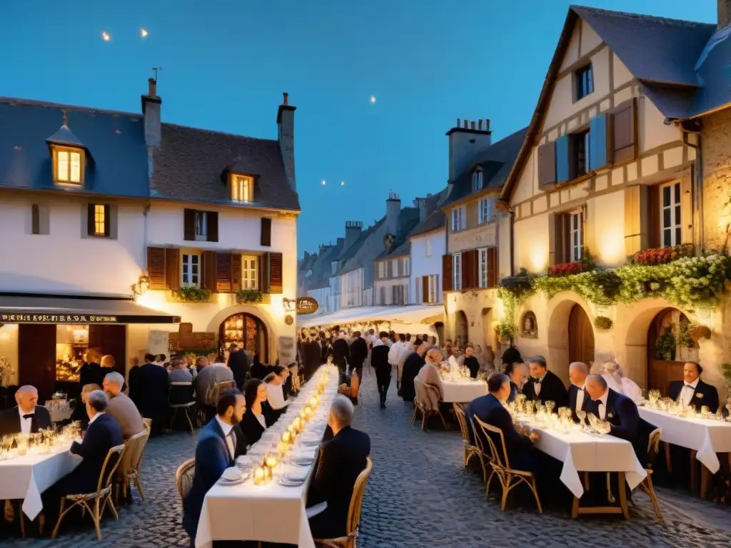 Encanto nocturno en un pueblo francés: cenas románticas bajo las estrellas Un callejón adoquinado bullicioso en un encantador pueblo francés, con bistros iluminados por cálidas luces