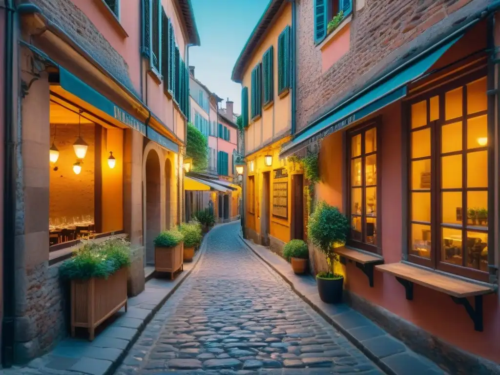 Un callejón empedrado de Toulouse con bistrós tradicionales, iluminado por faroles y plantas coloridas, creando una atmósfera misteriosa y acogedora