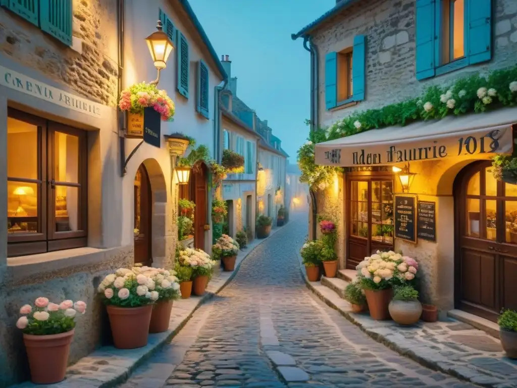 Encantador restaurante en callejón francés Un callejón empedrado en un encantador pueblo francés, con un restaurante escondido y letrero rústico