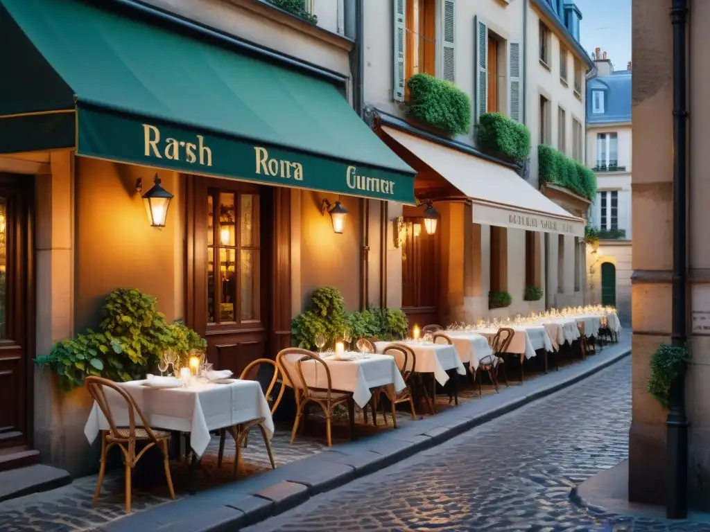 Rincón secreto: Bistró en París con encanto Un callejón parisino iluminado, con bistrós secretos y la esencia de la gastronomía francesa
