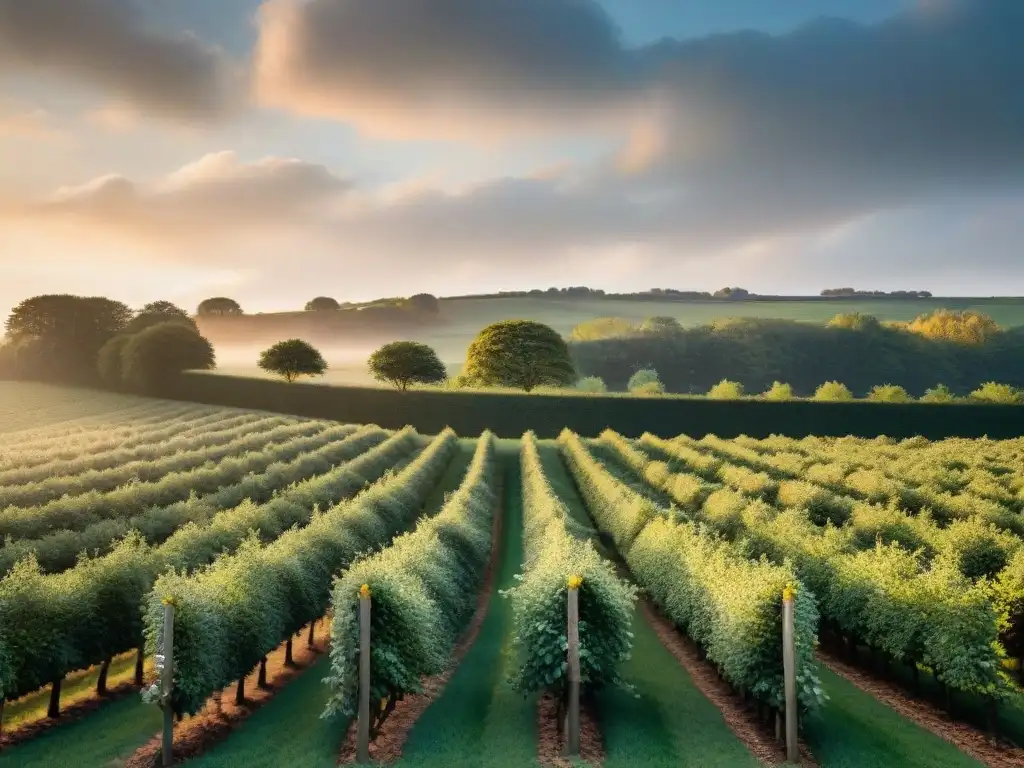 Calvados: origen y tradición en un idílico paisaje de Normandía con huertos de manzanos y una destilería al atardecer