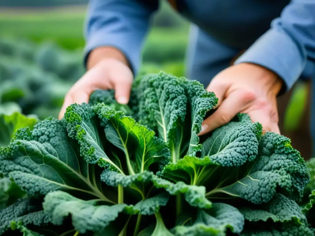 Un campesino cosechando hojas vibrantes de kale en un campo francés, mostrando la frescura de este superalimento