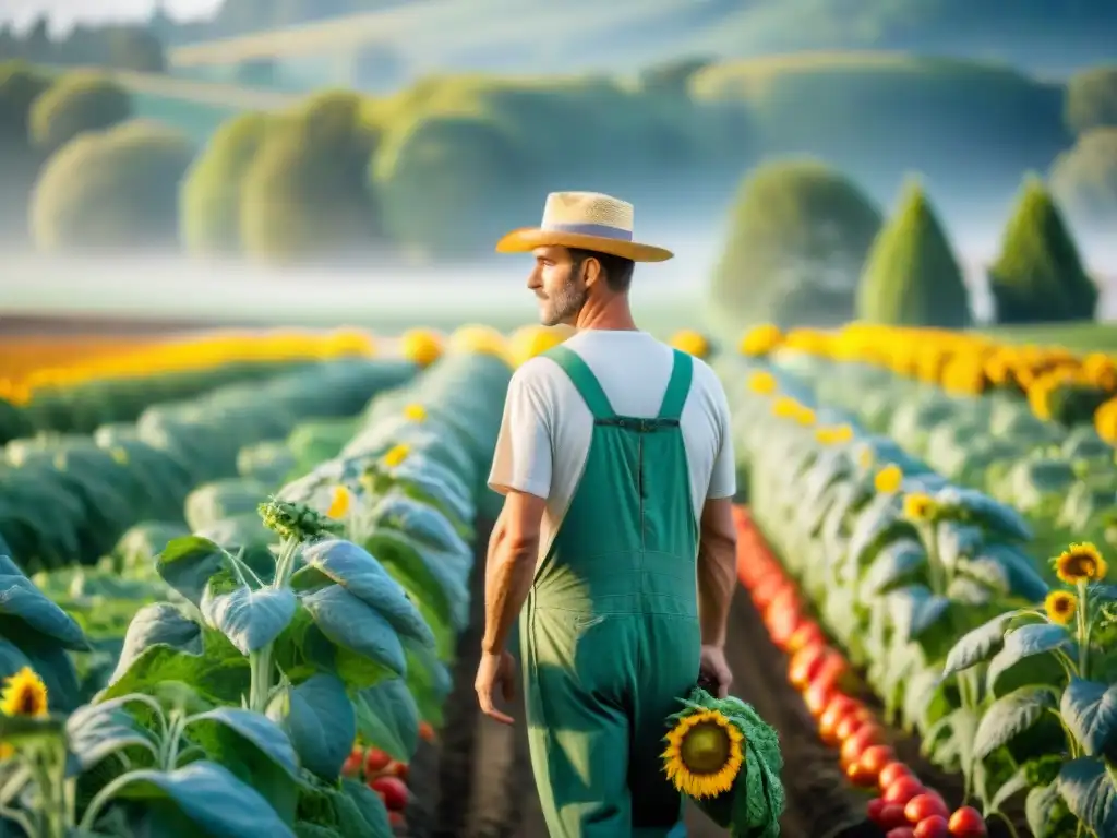 Un campesino francés cuida su huerto de verduras en un idílico paisaje rural, destacando el cultivo de verduras en Francia