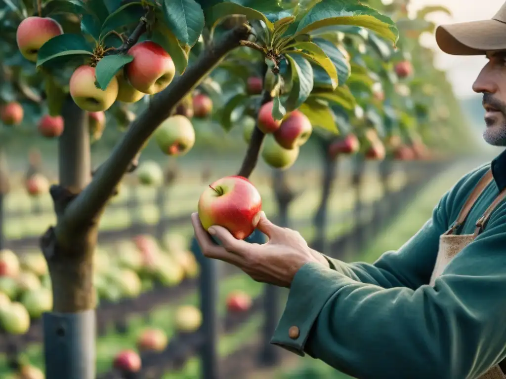 Un campesino selecciona cuidadosamente manzanas maduras en un huerto de Normandía durante la Fiesta de la Manzana