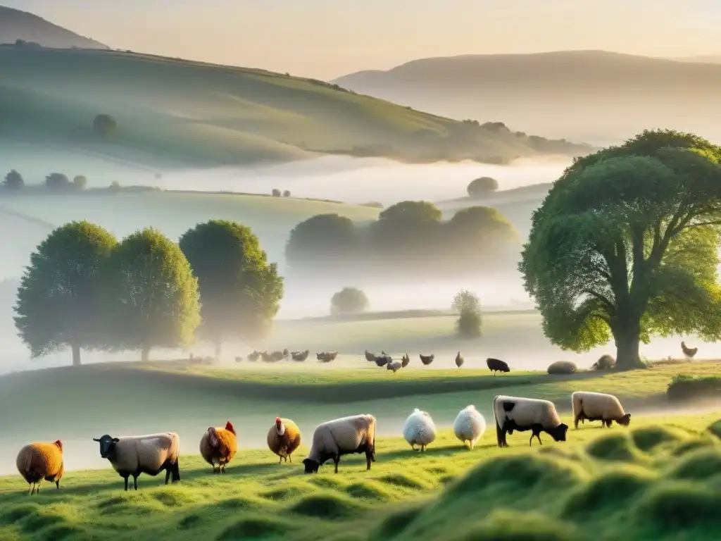 Amanecer en la campiña francesa con animales en libertad