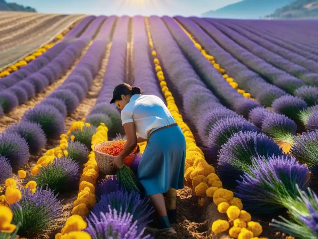 Campo de azafrán en Provenza durante la cosecha, con flores moradas y recolectores, reflejando la meticulosa gastronomía francesa