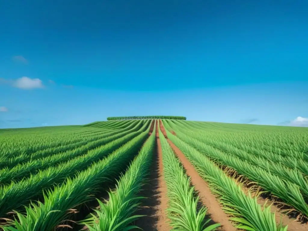 Un campo de caña de azúcar verde exuberante se extiende hacia el horizonte bajo un cielo azul en Martinica, con un château de estilo colonial francés en el fondo, mostrando la herencia francesa en Martinica