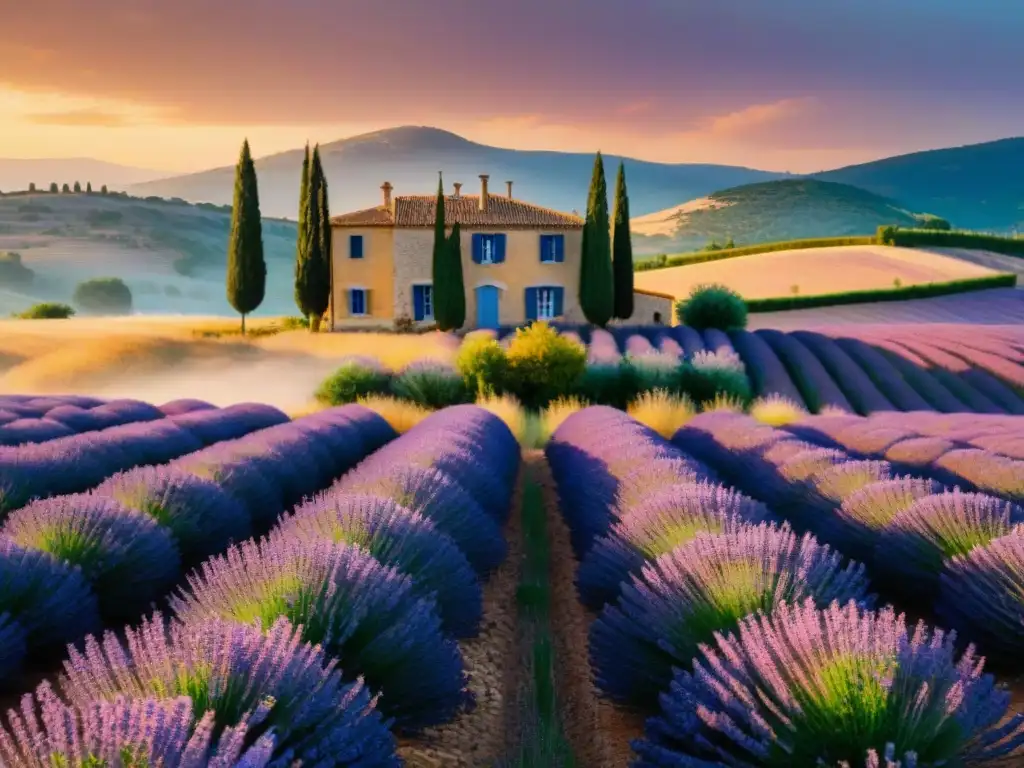 Un campo de lavanda en Provence al atardecer, con tonos morados vibrantes y cielo dorado, una casa de piedra provenzal y suaves colinas al fondo