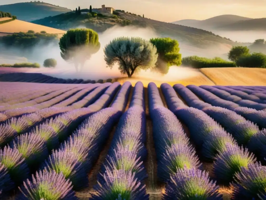 Un campo de lavanda en Provence con hierbas aromáticas, abejas y colinas