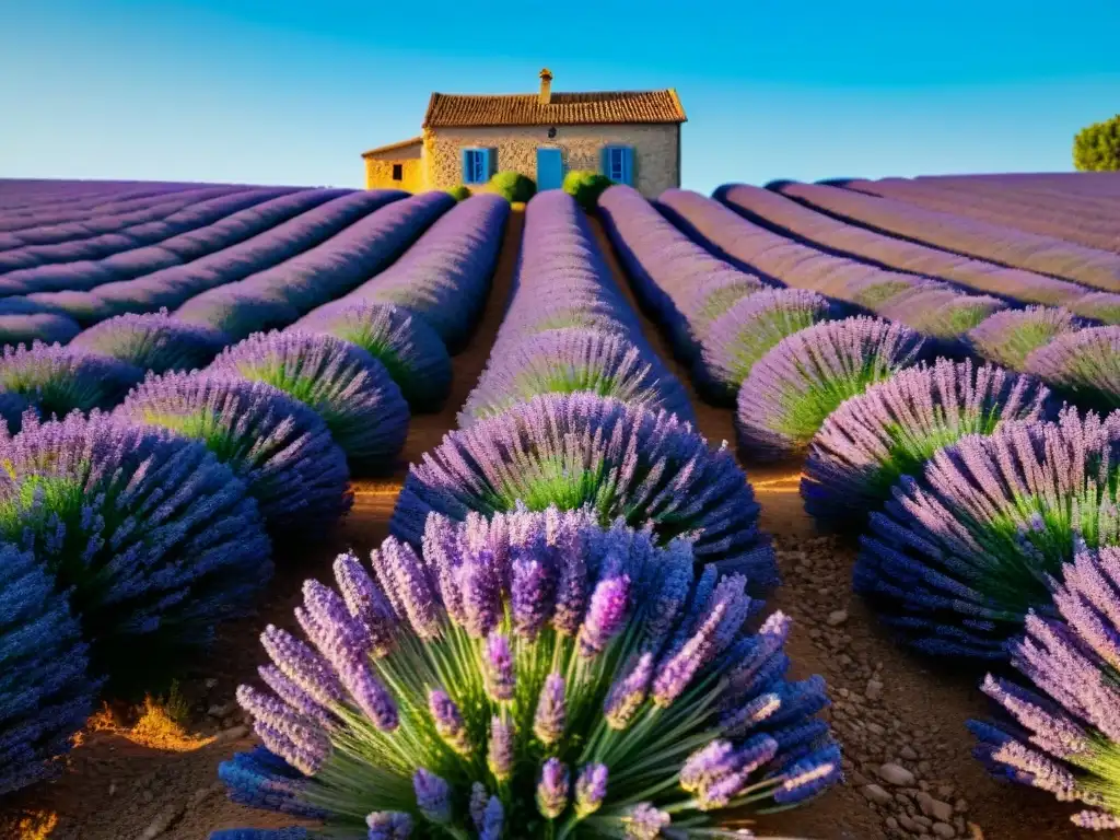 Un campo de lavanda en Provenza bajo el sol, con abejas revoloteando y una casa de piedra