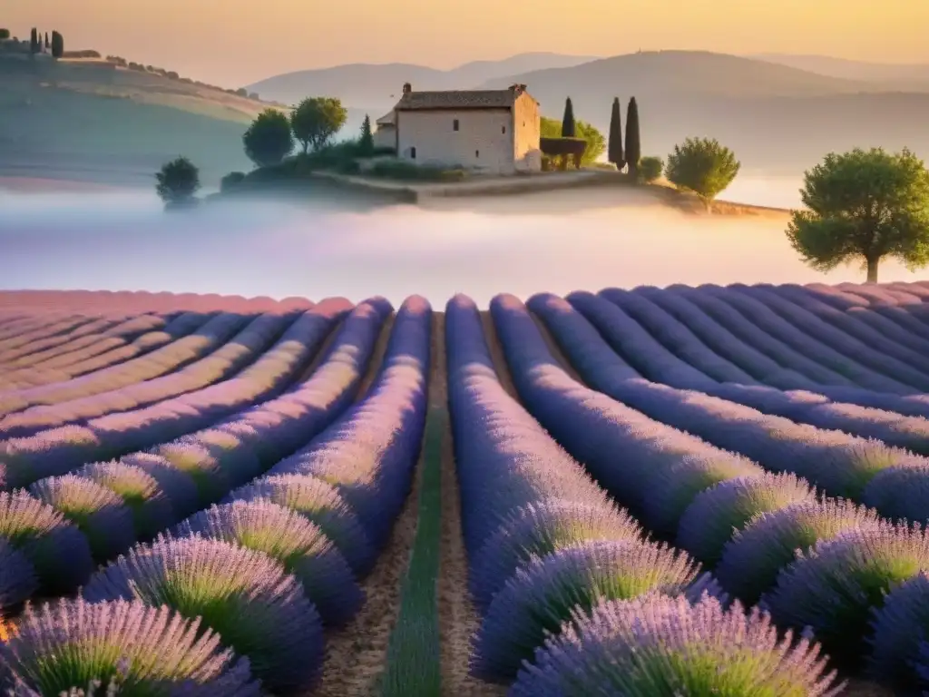 Un campo de lavanda provenzal al atardecer, con abejas y una granja al fondo