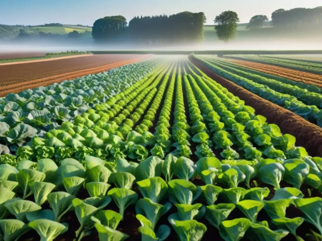 Un campo de lechugas vibrantes en la campiña francesa bajo el sol, con casas rústicas al fondo