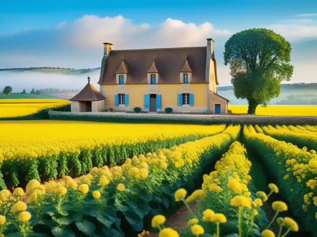 Un campo de mostaza amarilla en flor en Dijon, Francia, con una casa de piedra y letrero 'Moutarde de Dijon'